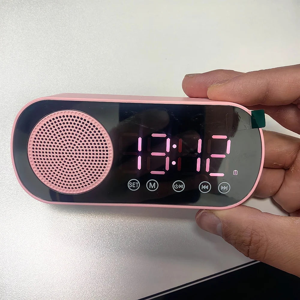 Mini Mirror Digital Alarm Clock Timer Rechargable Wireless Clock 2 Alarms FM Radio Wireless Speaker Subwoofer Desktop LED Clock