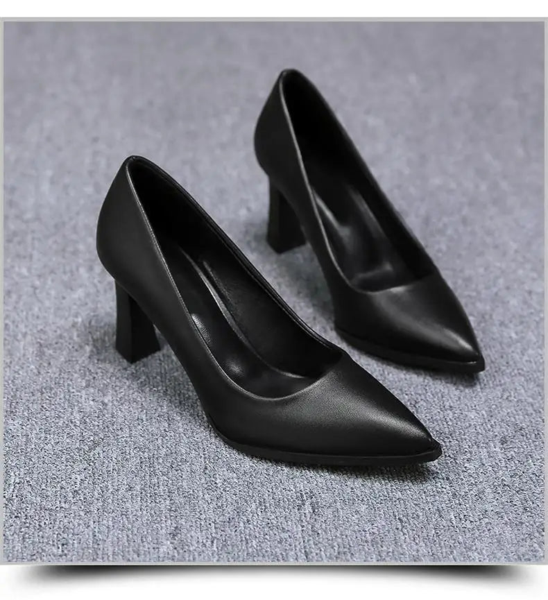 Soft PU Non-slip Single Shoe Work Shoes Women's Pumps Black Professional Interview High Heels Mid Heeled Work Leather Shoes