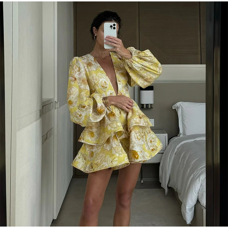 Backless Party Dress Women Elegant 3D Flower Print Sling Lace Up Ruffle A-line Mini Evening Dresses Female 2025 Summer Swimwears