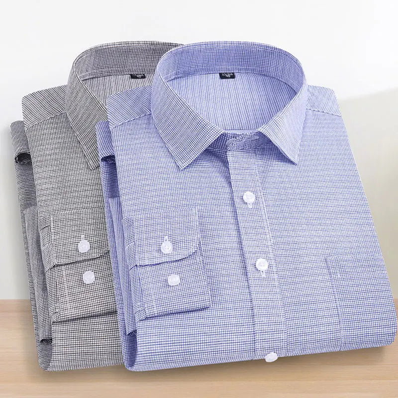 Four seasons new men's long sleeve thin check shirt business casual social wear easy to take care of perspiration breathable