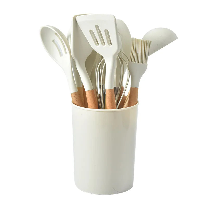 12Pcs Silicone Kitchen Cooking Utensils Temperature Resistant Spoon Spatula Wooden Handle Kitchenware Set With Storage Bucket