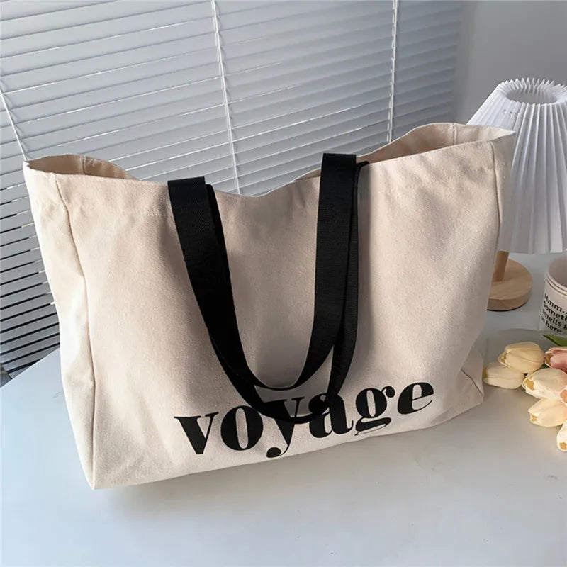 Letter Voyage Canvas Handbag Shoulder Bag Bags For Women Large Capacity Travel Shopping Tote Bag, Student School Bags