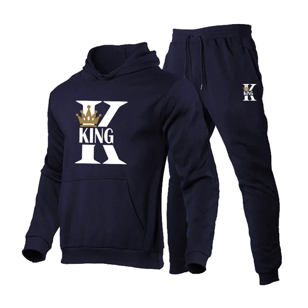 KING Printed Hoodies Suit Men's Casual Sweatershirts Pants Set Fashion Fleece Autumn Winter Jogging Pullover Sweatpants Clothing