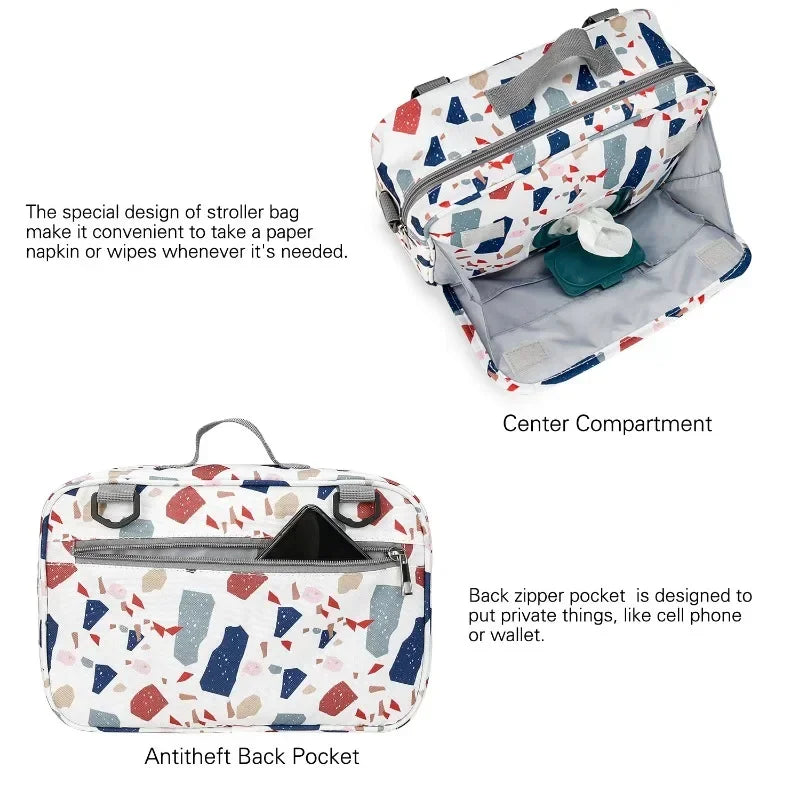 2024 Mommy with Baby Outdoor Travel New Waterproof Printed Cart Bag Storage Hanging Bag Diaper Bag Mommy Bag