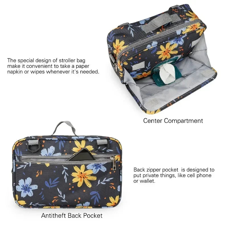 2024 Mommy with Baby Outdoor Travel New Waterproof Printed Cart Bag Storage Hanging Bag Diaper Bag Mommy Bag