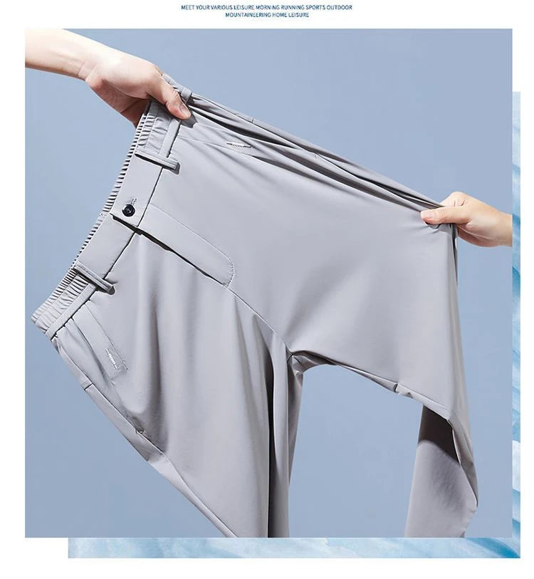 Ultra-thin Elastic Men's Casual Trousers Summer Quick-drying Ice Silk Slim Straight Business Solid Color Trousers Black Gray
