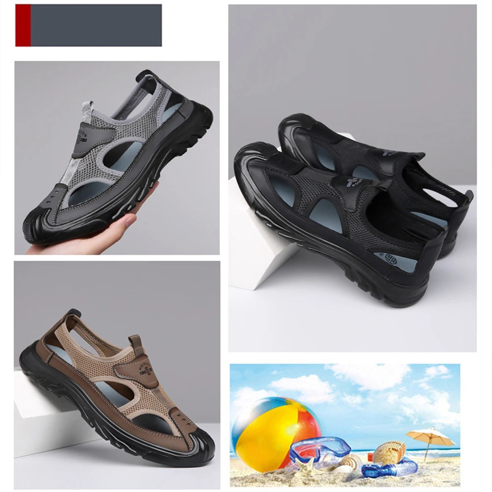 Summer Breathable Men's Baotou Sandals Hollowed Out Mesh Shoes Outdoor Non-slip Lightweight Sports Casual Beach Shoes