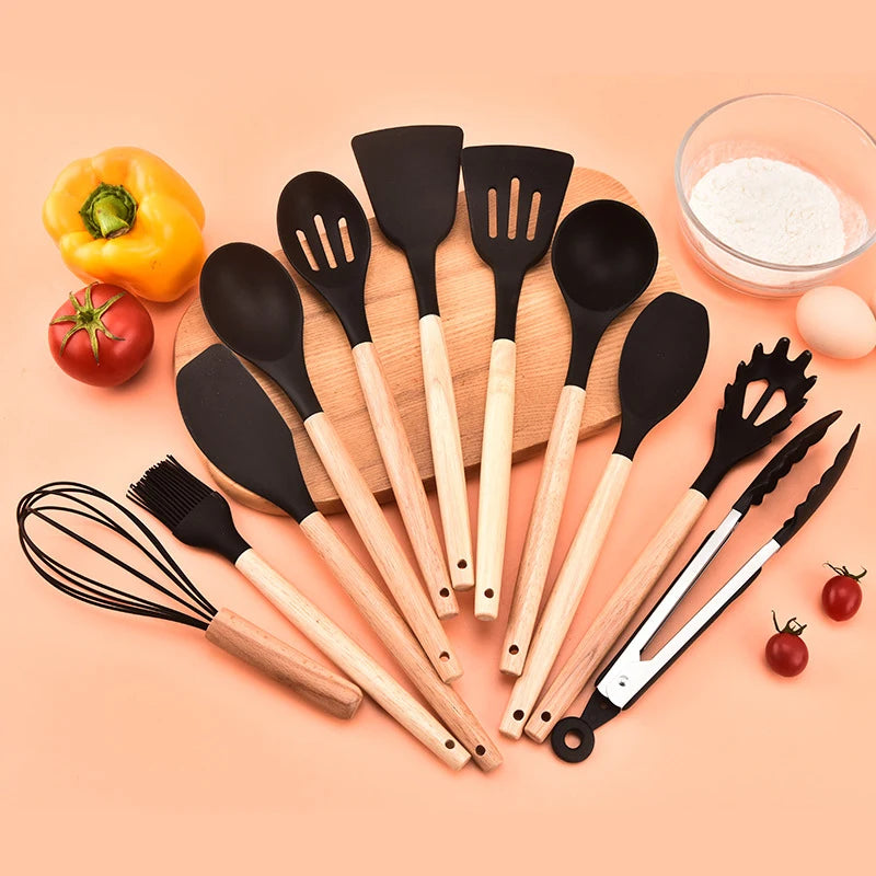12Pcs Silicone Kitchen Cooking Utensils Temperature Resistant Spoon Spatula Wooden Handle Kitchenware Set With Storage Bucket