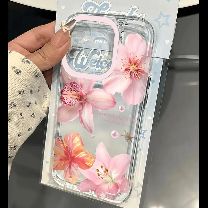 Pink Lily Flower Pattern Phone Case For iPhone 16 16e 15 14 13 12 11 Pro Max X XR XSMax 7 8 Plus SE2 Transparent Soft TPU Cover