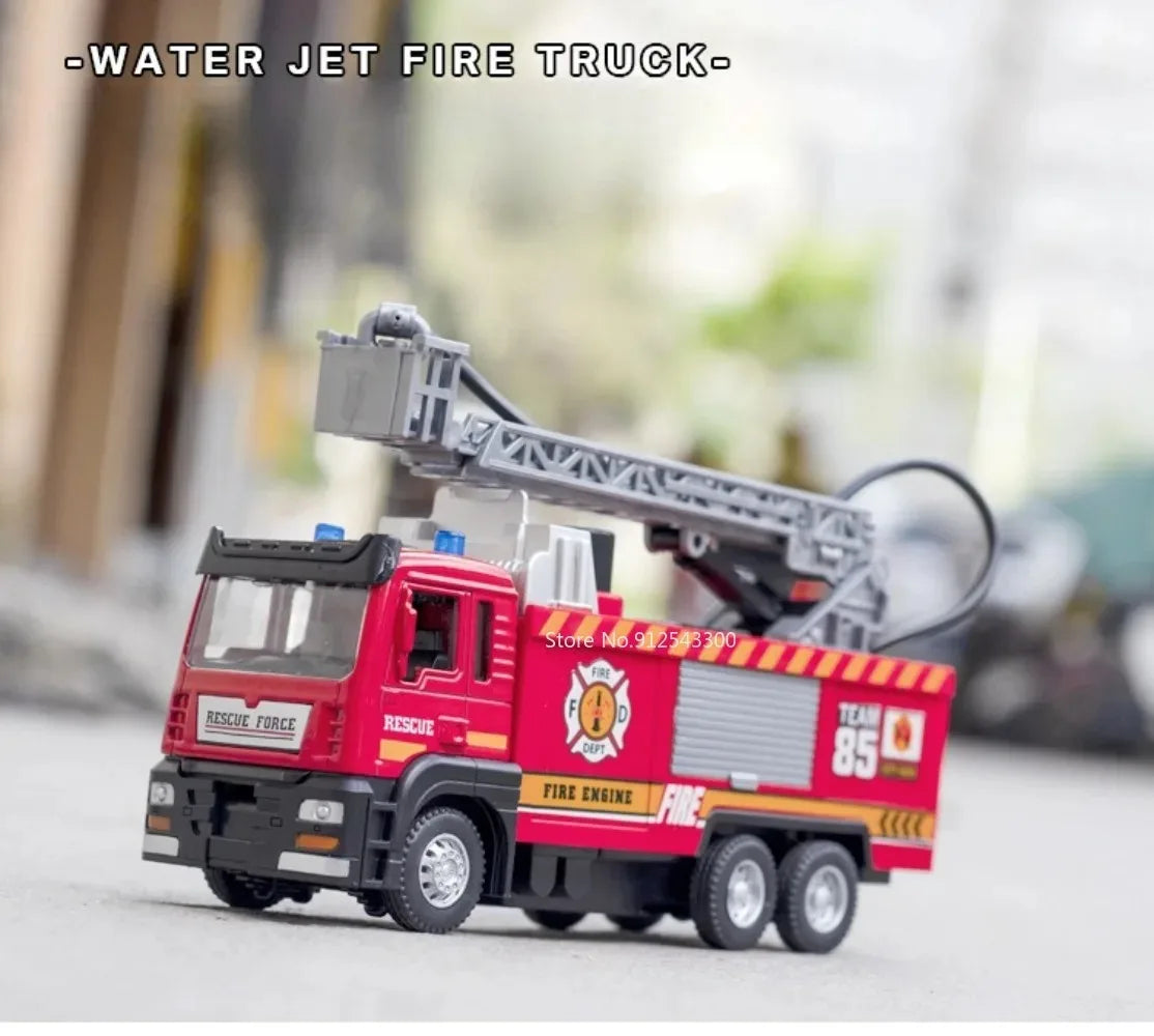 1:32 Scale Water Spray Fire Truck Model Ladder Trucks Toy Car Sound Light Pull Back Doors Opened Vehicle Collection Boys Gift