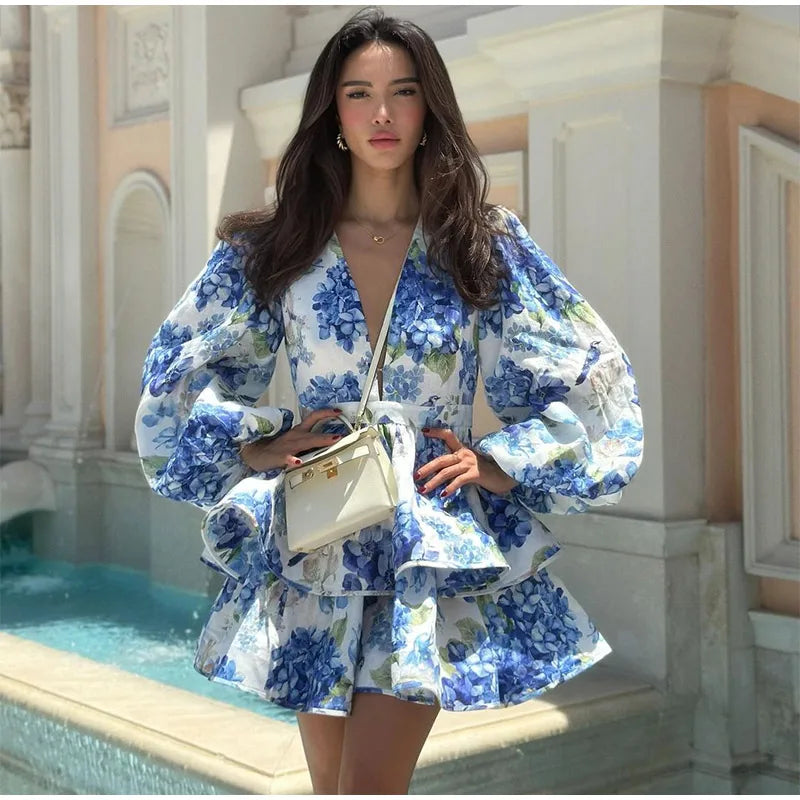 Backless Party Dress Women Elegant 3D Flower Print Sling Lace Up Ruffle A-line Mini Evening Dresses Female 2025 Summer Swimwears