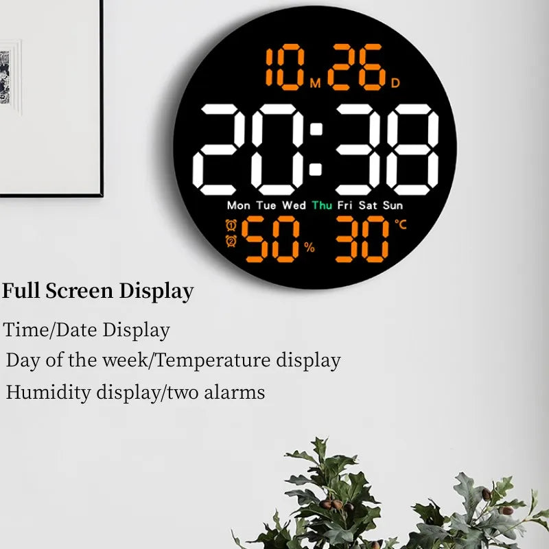 10 Inch Remote Control Digital Wall Clock Temperature Humidity Date Week Timing Countdown 2 Alarm Auto Dimmer LED Alarm Clock
