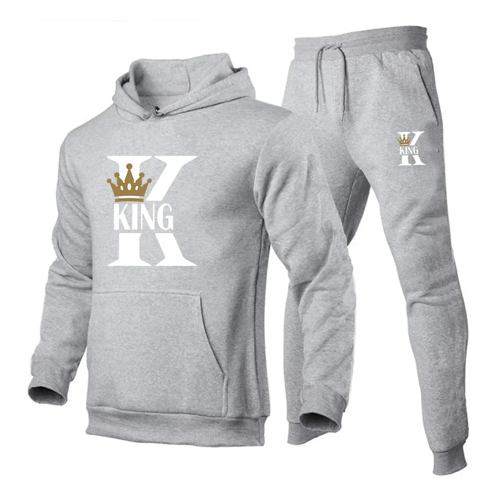 KING Printed Hoodies Suit Men's Casual Sweatershirts Pants Set Fashion Fleece Autumn Winter Jogging Pullover Sweatpants Clothing