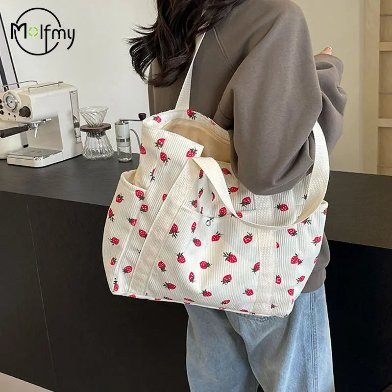 Strawberries Corduroy Handbag Sweet Women's Bag Fashionable Versatile Shoulder Bag Beautiful Simple Commuter Women's Tote Bags