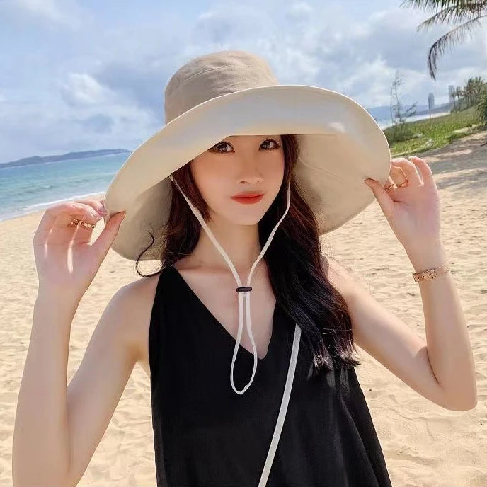 Wide Brim UPF 50+ Sun Hat Women Anti-UV Protection Hiking Fisherman Cap Fold Summer Solid Beach Hat 2024 Double sided Sun hat
