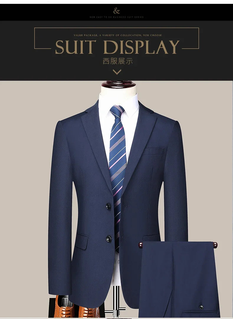 Men's 2024 Slim-fit Two-button Business Suit Professional Work Formal Two-piece Set Trousers Included S-6XL