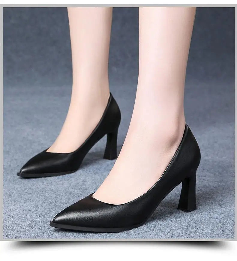 Soft PU Non-slip Single Shoe Work Shoes Women's Pumps Black Professional Interview High Heels Mid Heeled Work Leather Shoes