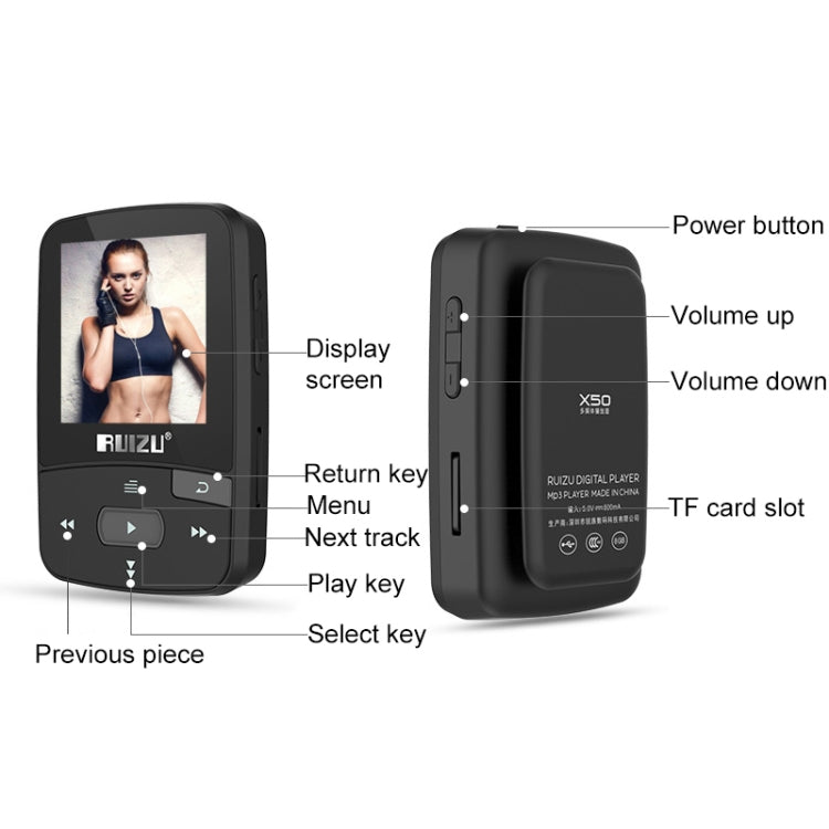New Arrival Original RUIZU X50 Sport Bluetooth MP3 Player 8gb Clip Mini with Screen Support FM,Recording,E-Book,Clock,Pedometer, 8GB