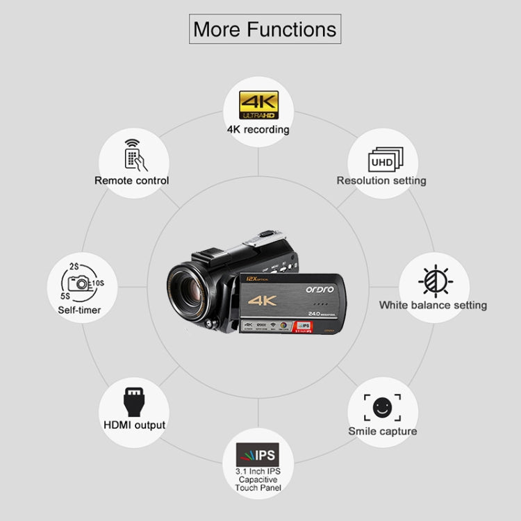 ORDRO AC5 4K HD Night Vision WiFi 12X Optical Zoom Digital Video DV Camera Camcorder, Standard, Standard + Microphone, Standard + Microphone + Handheld Stand, Standard+ Microphone + Fill Light