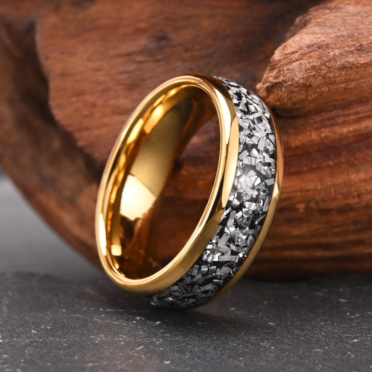 Gold Tungsten Steel Inlaid Meteorite Block Ring