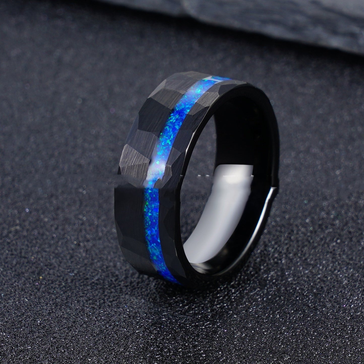 Electric Black 8mm Hammer Pattern Tungsten Ring Inlaid Blue Opal