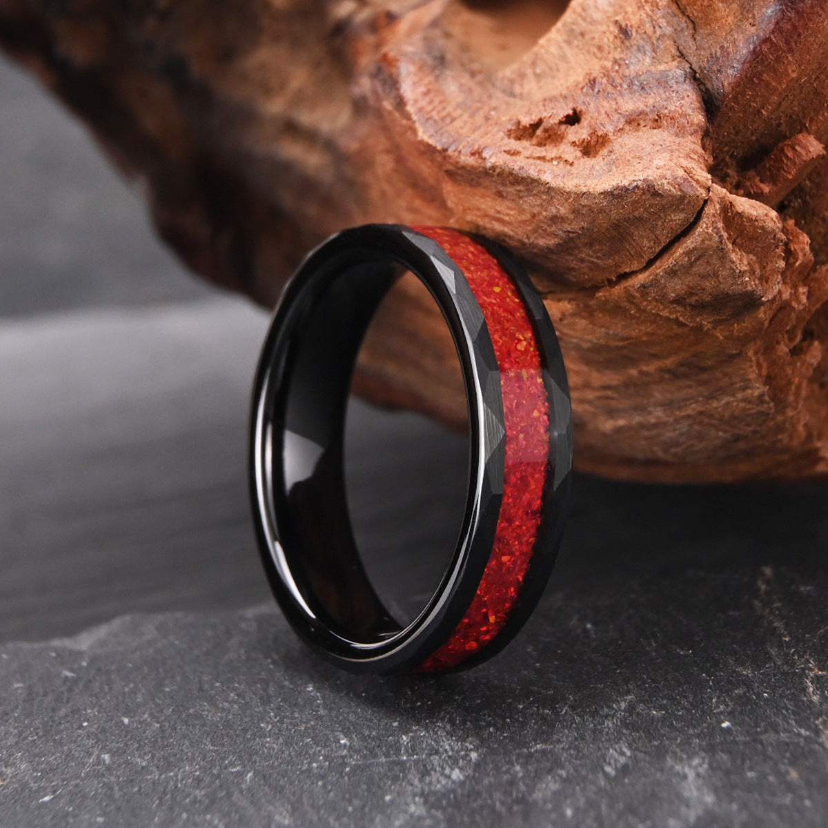 Electric Black Tungsten Steel Inlaid Red Opal Ring