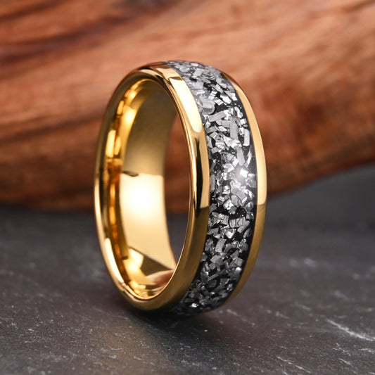 Gold Tungsten Steel Inlaid Meteorite Block Ring