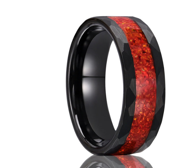 Electric Black Tungsten Steel Inlaid Red Opal Ring