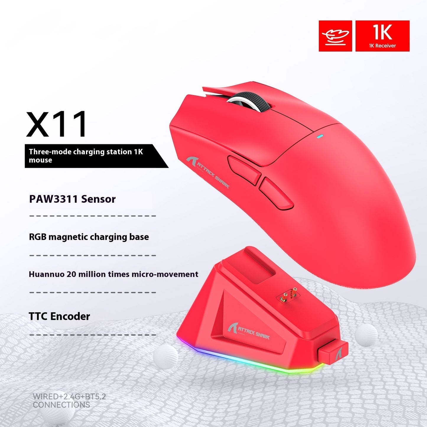 X11 Lightweight Mouse Wired Wireless Bluetooth With RGB Charging Base