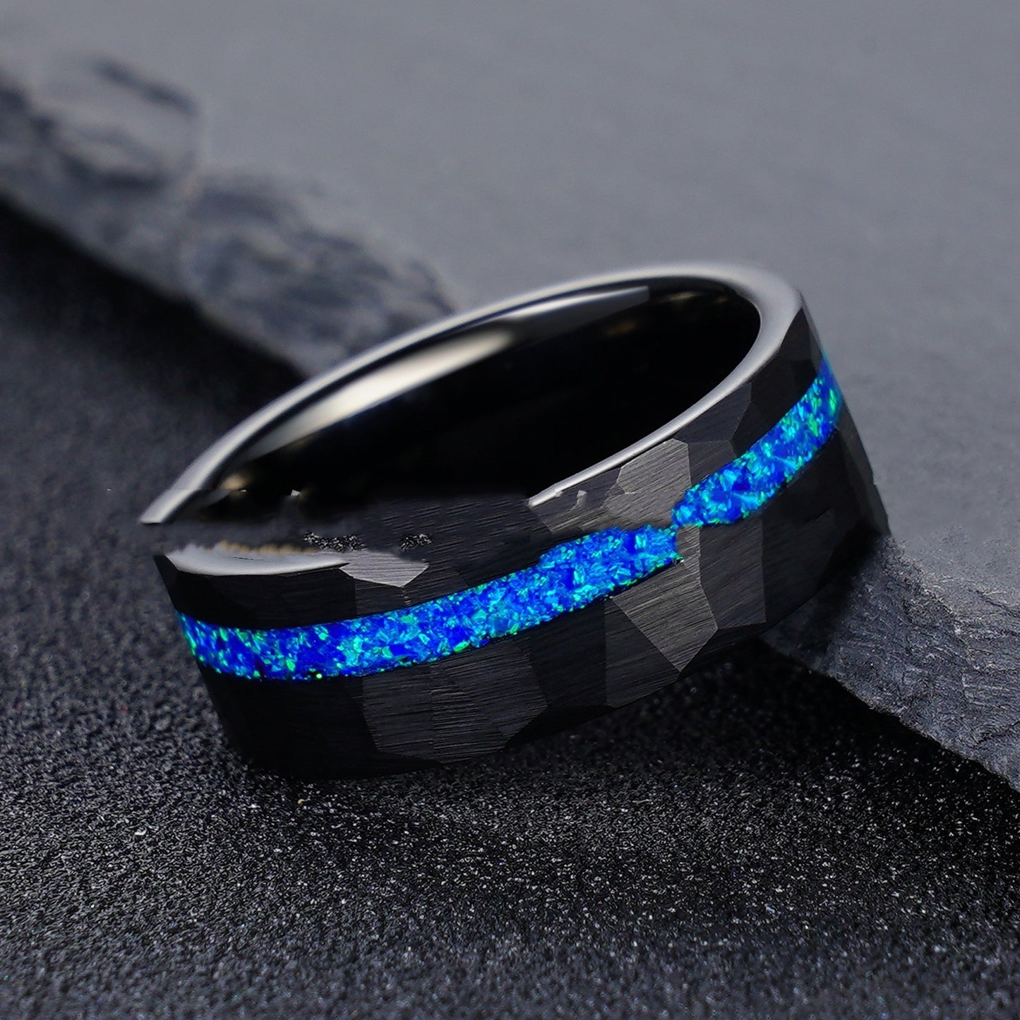 Electric Black 8mm Hammer Pattern Tungsten Ring Inlaid Blue Opal