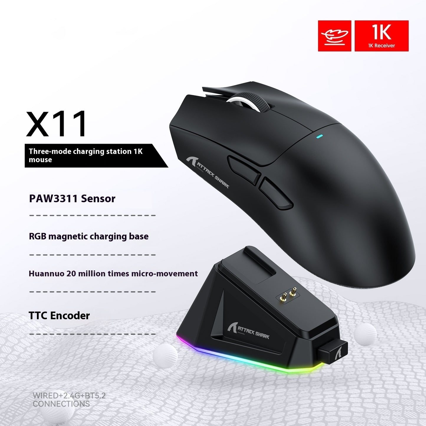 X11 Lightweight Mouse Wired Wireless Bluetooth With RGB Charging Base