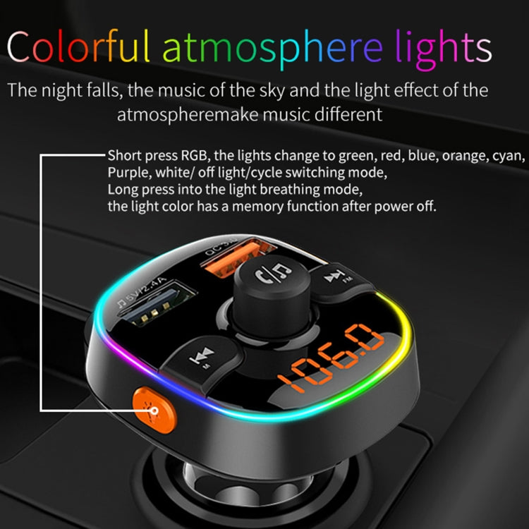 BC52 QC3.0 Fast Charging Car Colorful Atmosphere Light Bluetooth MP3 Player FM Transmitter, BC52