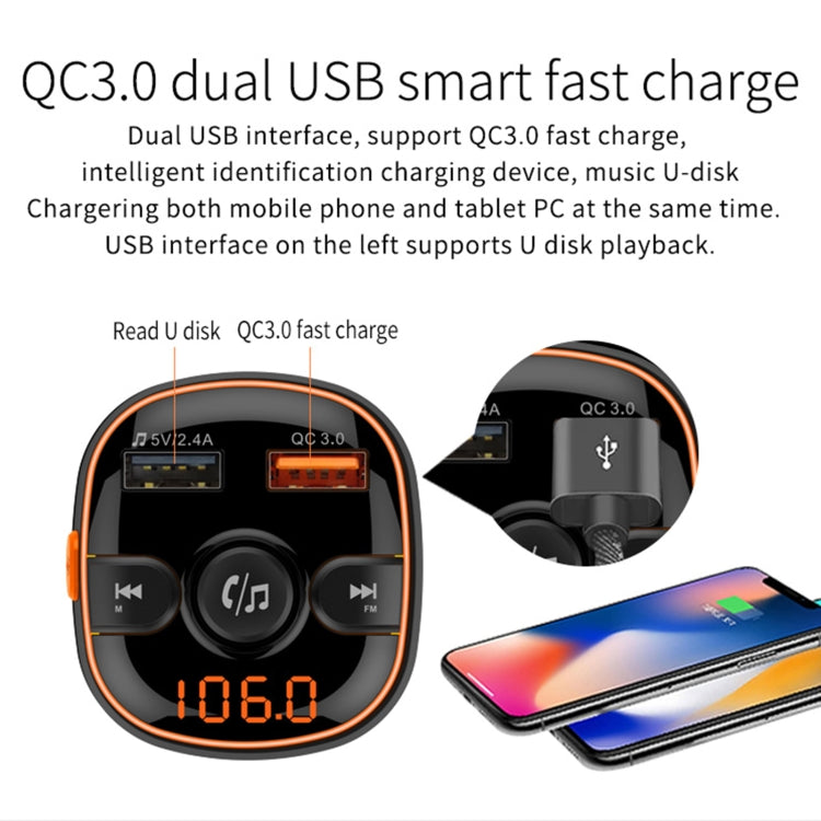 BC52 QC3.0 Fast Charging Car Colorful Atmosphere Light Bluetooth MP3 Player FM Transmitter, BC52