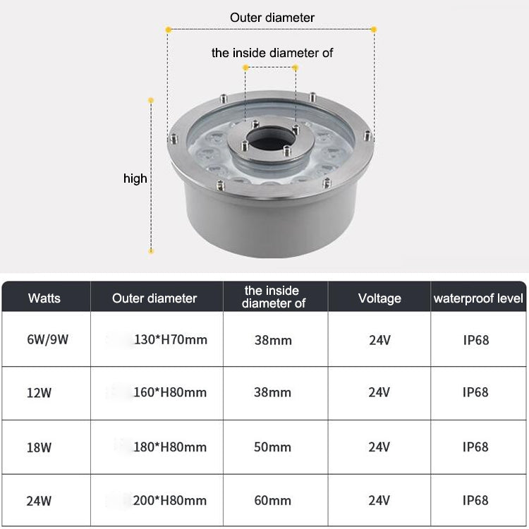 Landscape Colorful Color Changing Ring LED Aluminum Alloy Underwater Fountain Light, 6W, 12W, 18W
