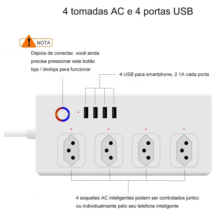 SM-SO301-B 4 Holes + 4 USB Multi-purpose Smart Power Strip, Brazil Plug, ZigBee 10A, WiFi 10A