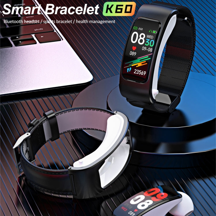 K60 1.08 inch Steel Band Earphone Detachable Life Waterproof Smart Watch Support Bluetooth Call, Steel Band (Black)