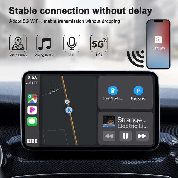 USB + USB-C / Type-C Wired to Wireless Carplay Adapter for iPhone, Black Square