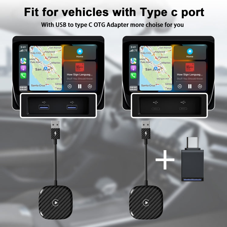 USB + USB-C / Type-C Wired to Wireless Carplay Adapter for iPhone, Black Square