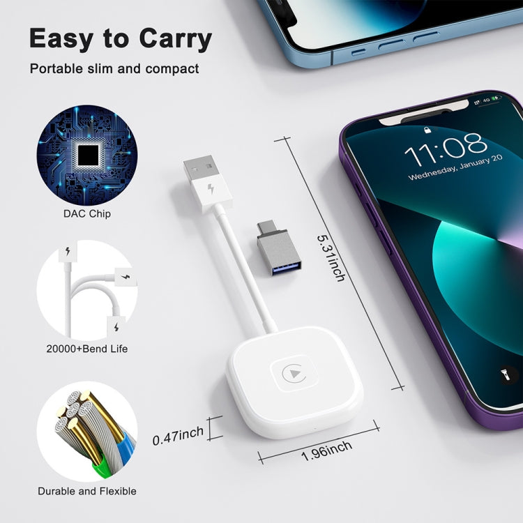 USB + USB-C / Type-C Wired to Wireless Carplay Adapter for iPhone, White Square