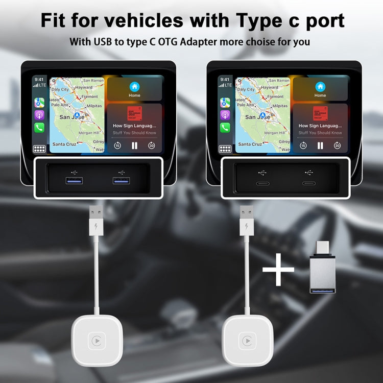 USB + USB-C / Type-C Wired to Wireless Carplay Adapter for iPhone, White Square