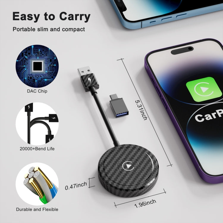Carbon Fiber USB + USB-C / Type-C Wired to Wireless Carplay Adapter for iPhone, 020-5