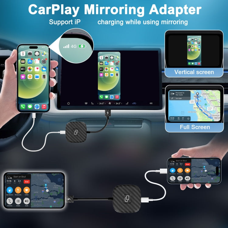Carbon Fiber USB + USB-C / Type-C Carplay to Car Mirror Adapter for iPhone, THT-020-7 Carbon Fiber