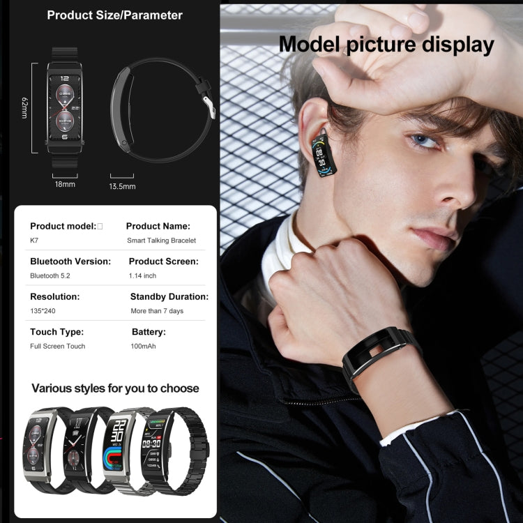 K7 1.14 inch TFT Screen Smart Call Bracelet, BT Call / Heart Rate / Blood Pressure / Blood Oxygen, Steel Strap, Milanese Steel Strap, Silicone Strap, Leather Strap