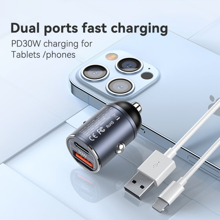 USAMS US-CC206 C38 PD30W USB + Type-C Dual Port Fast Charging Aluminum Alloy Car Charger