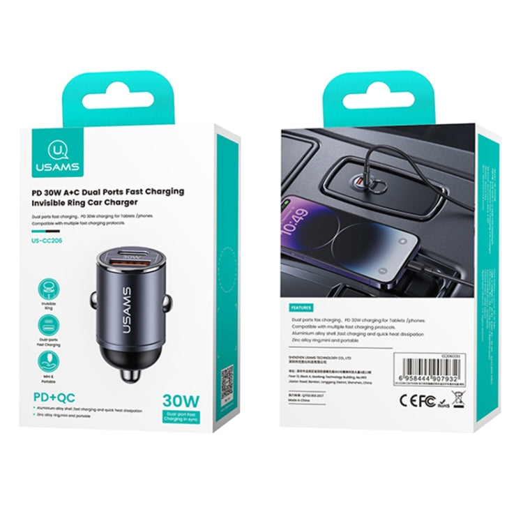 USAMS US-CC206 C38 PD30W USB + Type-C Dual Port Fast Charging Aluminum Alloy Car Charger