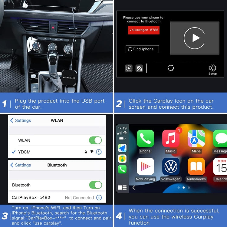 USB + USB-C / Type-C Wired to Wireless Carplay Adapter, Black Box