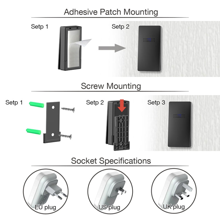 C303B One to Two Home Wireless Doorbell Temperature Digital Display Remote Control Elderly Pager, US Plug, UK Plug, EU Plug