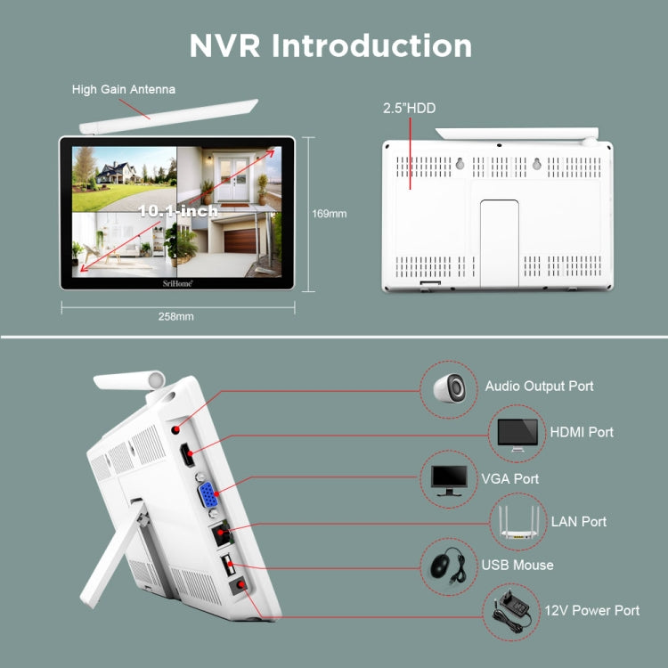 SriHome NVS010-IPC056 Ultra HD 4 Channel WiFi Network Video Recorder Set, US Plug, UK Plug, EU Plug, AU Plug