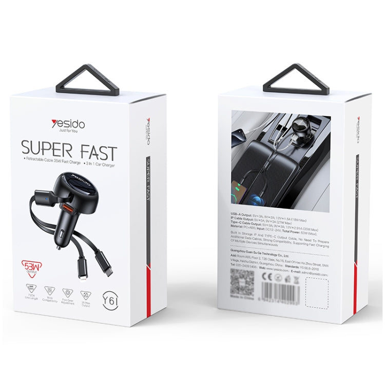 Yesido Y61 53W Type-C + 8 Pin Retractable Cable 3 in 1 Car Charger, Y61