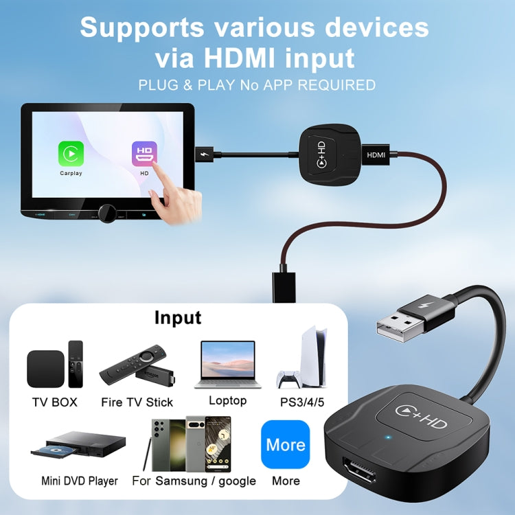 USB and HDMI Wired to Wireless CarPlay Auto Adapter, USB + HDMI Square